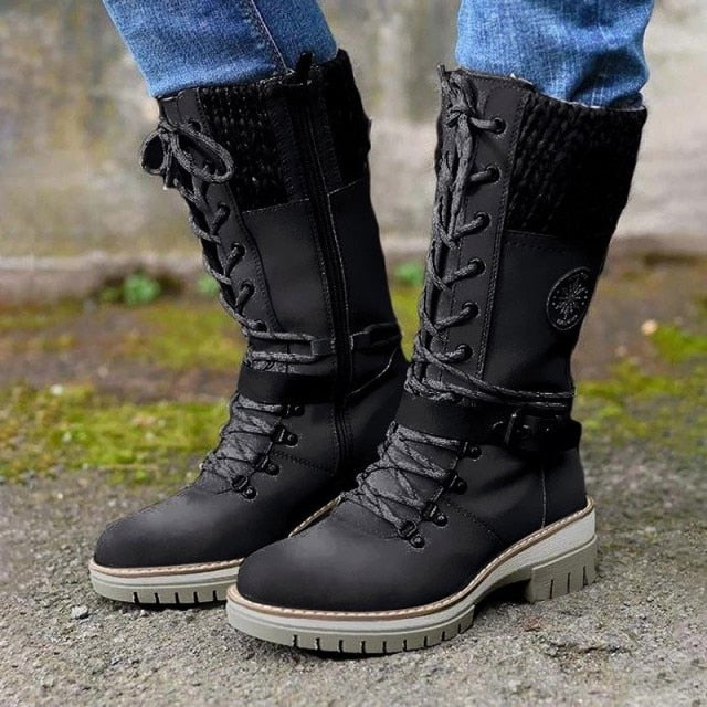 BUCKLE LACE KNITTED MID-CALF BOOTS