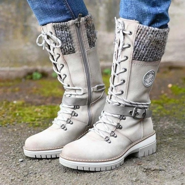 BUCKLE LACE KNITTED MID-CALF BOOTS