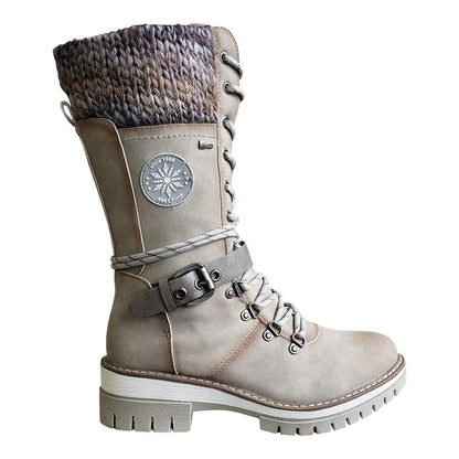 BUCKLE LACE KNITTED MID-CALF BOOTS