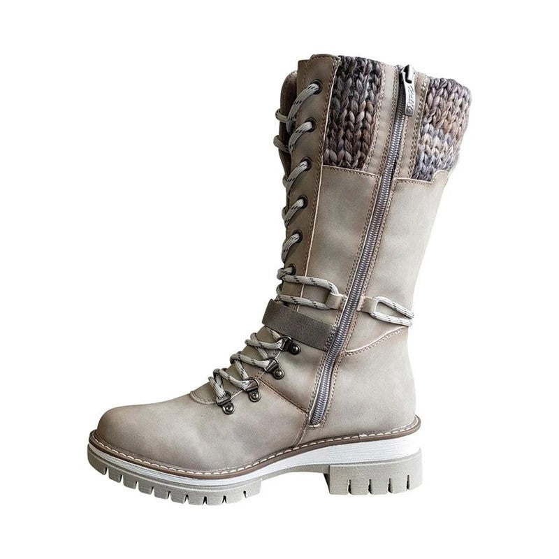 BUCKLE LACE KNITTED MID-CALF BOOTS