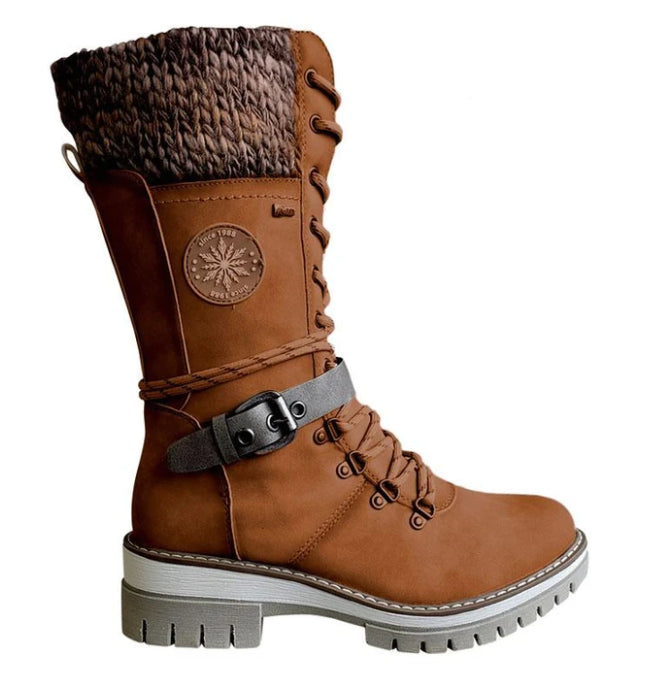 BUCKLE LACE KNITTED MID-CALF BOOTS